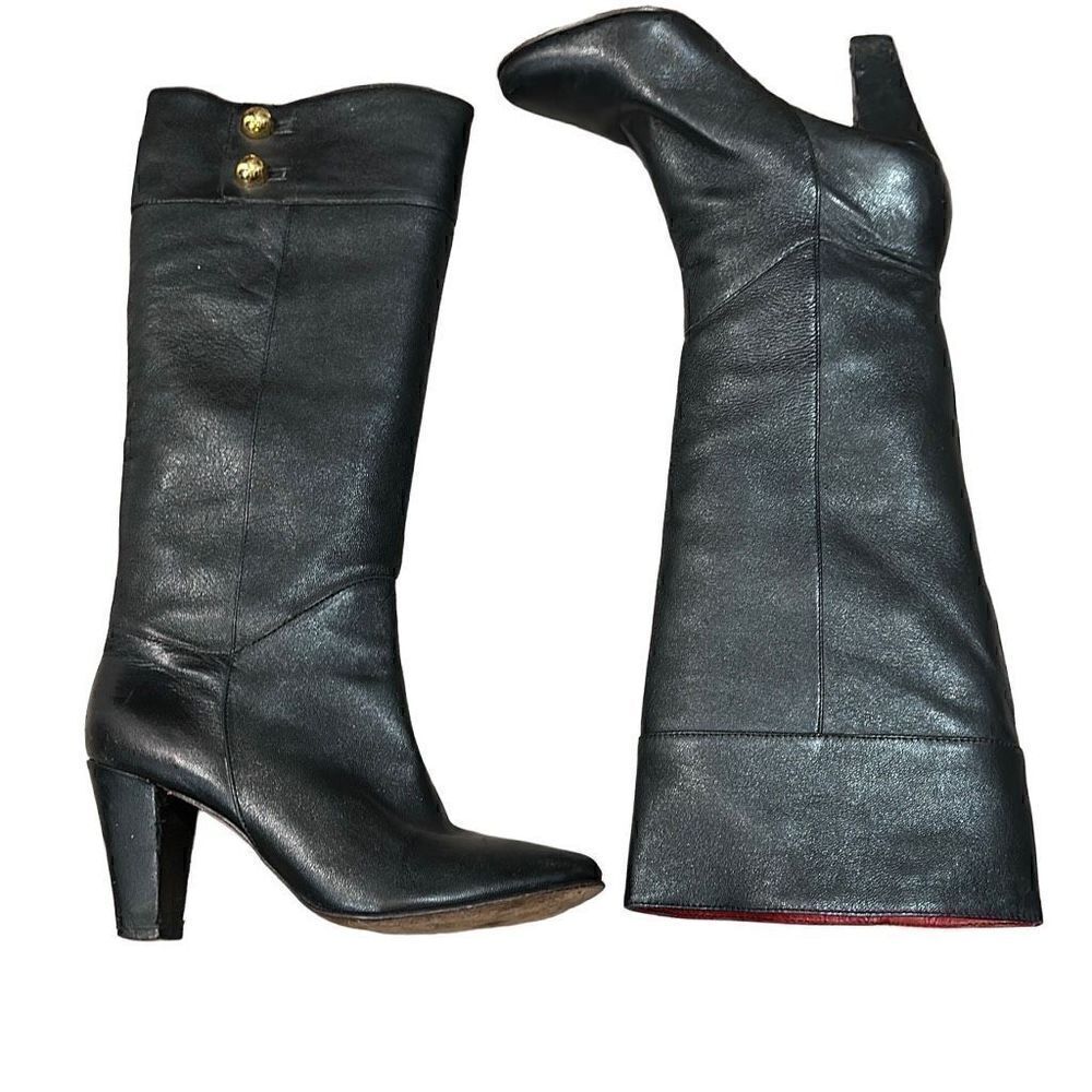 KATE SPADE Belinda Black Gold Button Genuine Soft Leather Knee High Boots Size 7